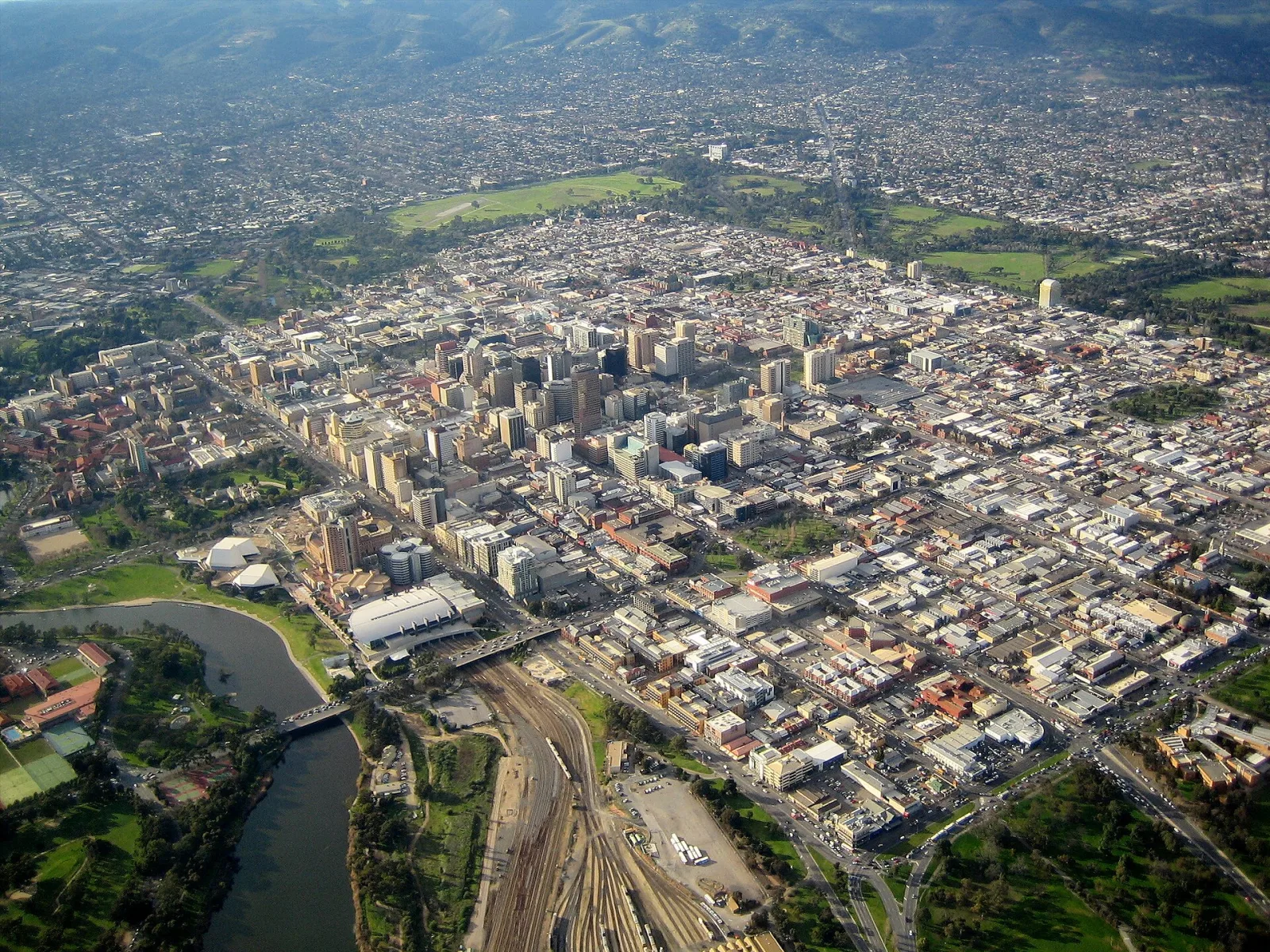 Aerial view of the Adelaide city centre looking south-east. Adelaide, South Australia.