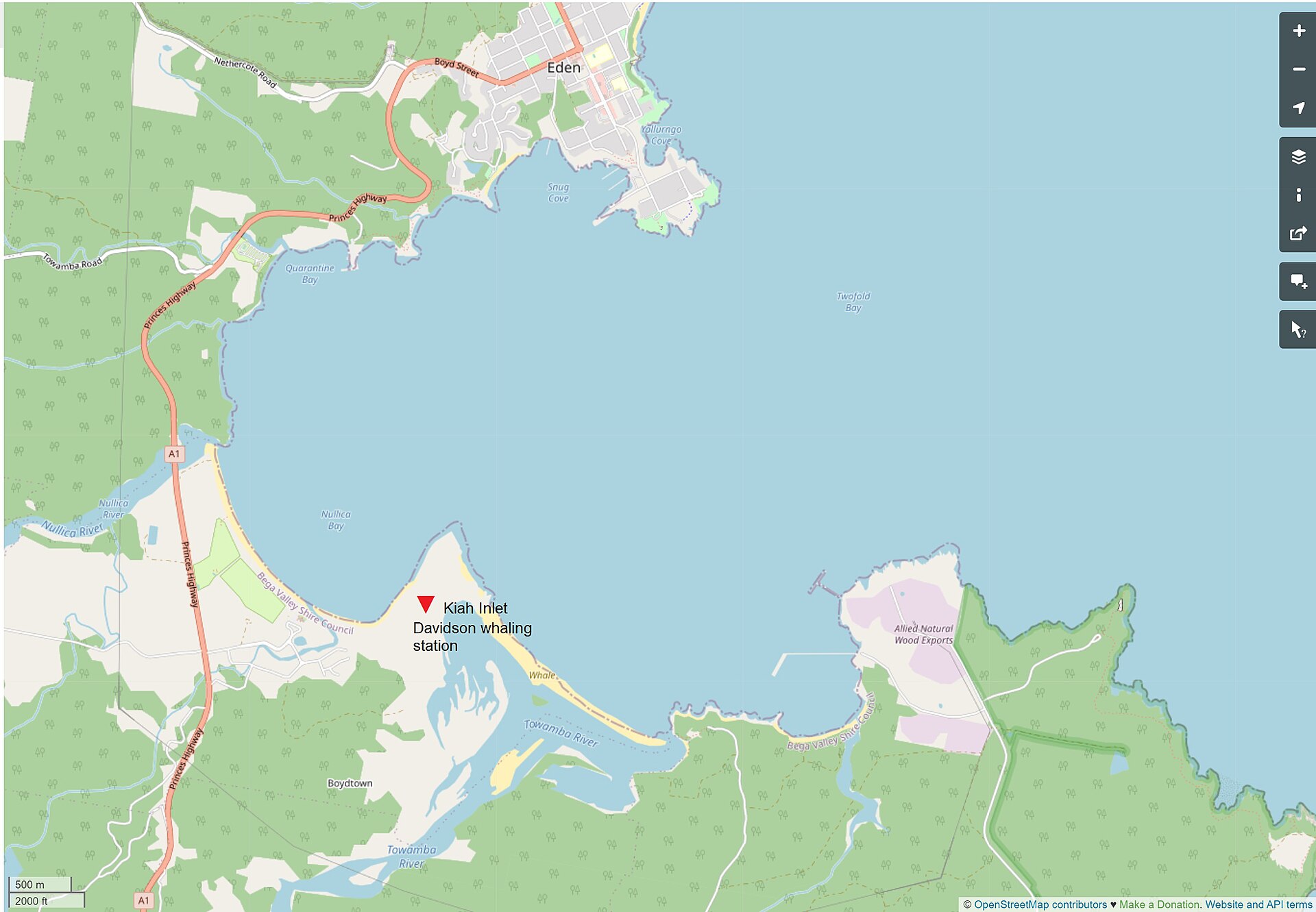 Twofold Bay and surrounding area, marking the Davidson whaling station