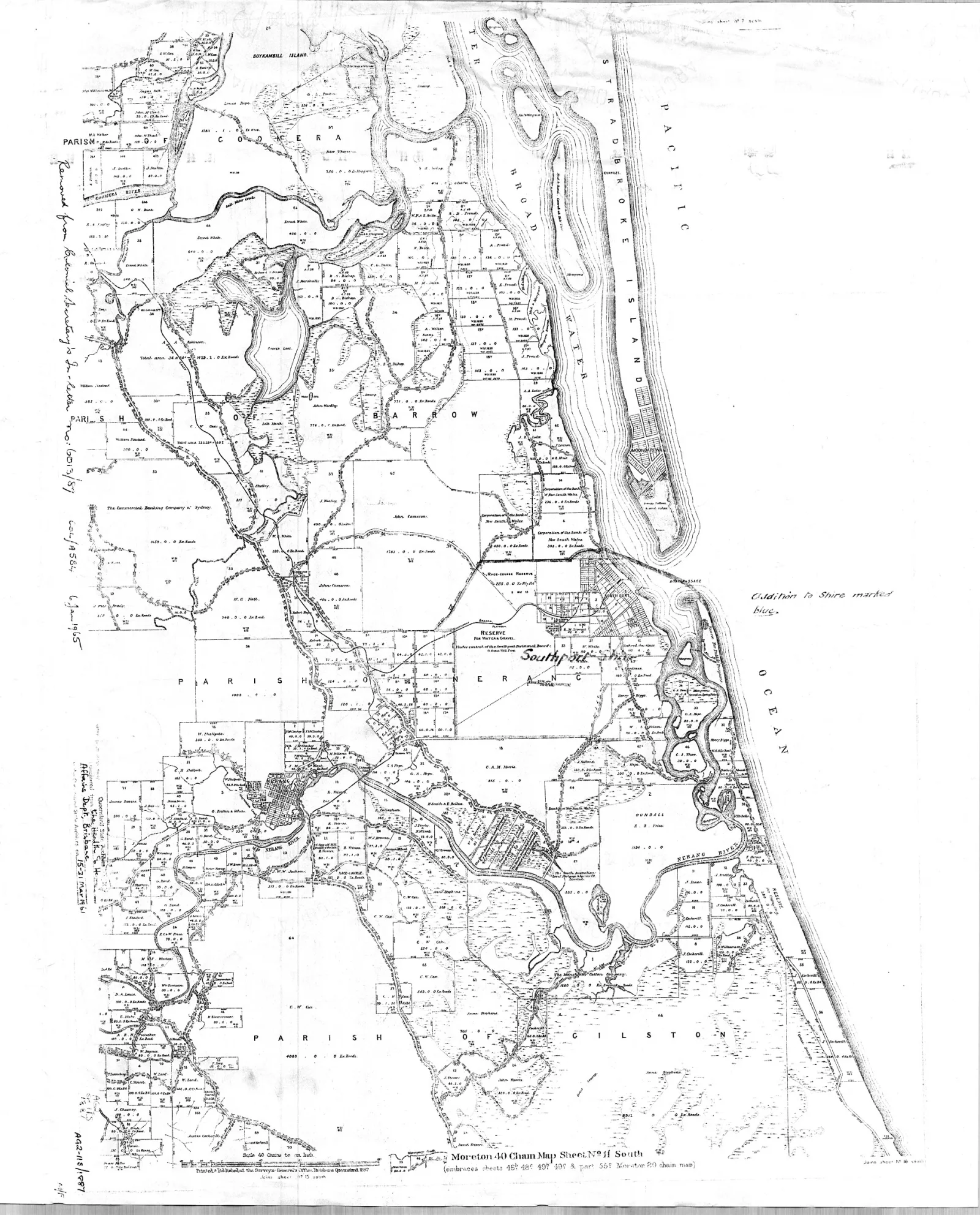 Map of the Gold Coast from Coomera Island to Nobby Beach, 1887. Shows the southern end of Stradbroke Island (now South Stradbroke Island) and the lost town of Moondarewa. Shows the towns of Southport and the town of Nerang and the Nerang River. This map pre-dates the development of Surfers Paradise and other suburbs along the ocean. There has been considerable natural changes and man-made development including land reclamation since that time making comparison with a modern map challenging. A small unnamed east-west road shown on the map was Ferry Road (now Cavill Avenue), the only indicator of Surfers Paradise.