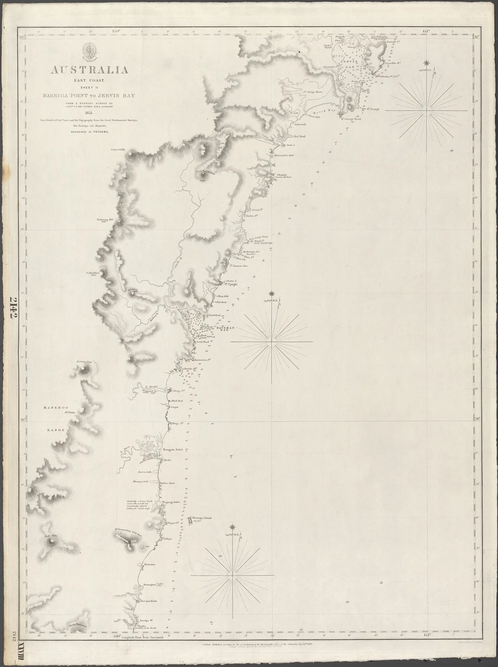 Nautical chart of Australia East Coast. Sheet II Barriga Point to Jervis Bay. From a running survey by Captn. J. Lort Stokes, H.M.S. Acheron, 1851. Not current - not to be used for navigation!