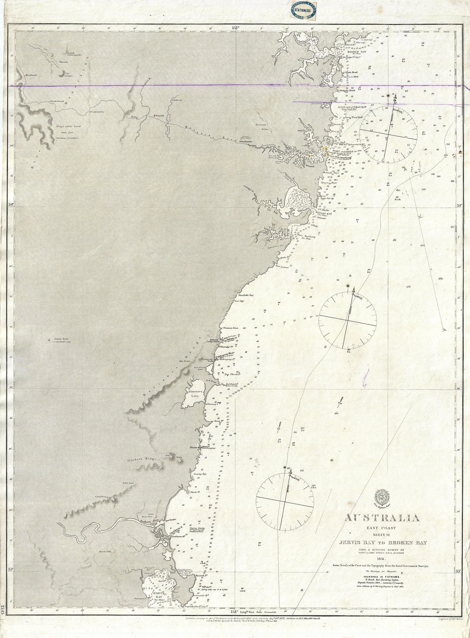 1865 Admiralty Chart - Australia East Coast Sheet III Jervis Bay to Broken Bay. From a running survey by Capt. J.L. Stokes, H.M.S. Acheron.